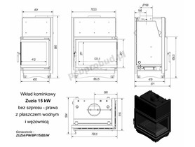 Wkład kominkowy Zuzia 15 kW z płaszczem wodnym, boczna szyba (łączona bez szprosa) z wężownicą + dolot