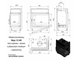 Wkład kominkowy Maja 12 kW z płaszczem wodnym, boczna szyba (łączona bez szprosa) z wężownicą + dolot